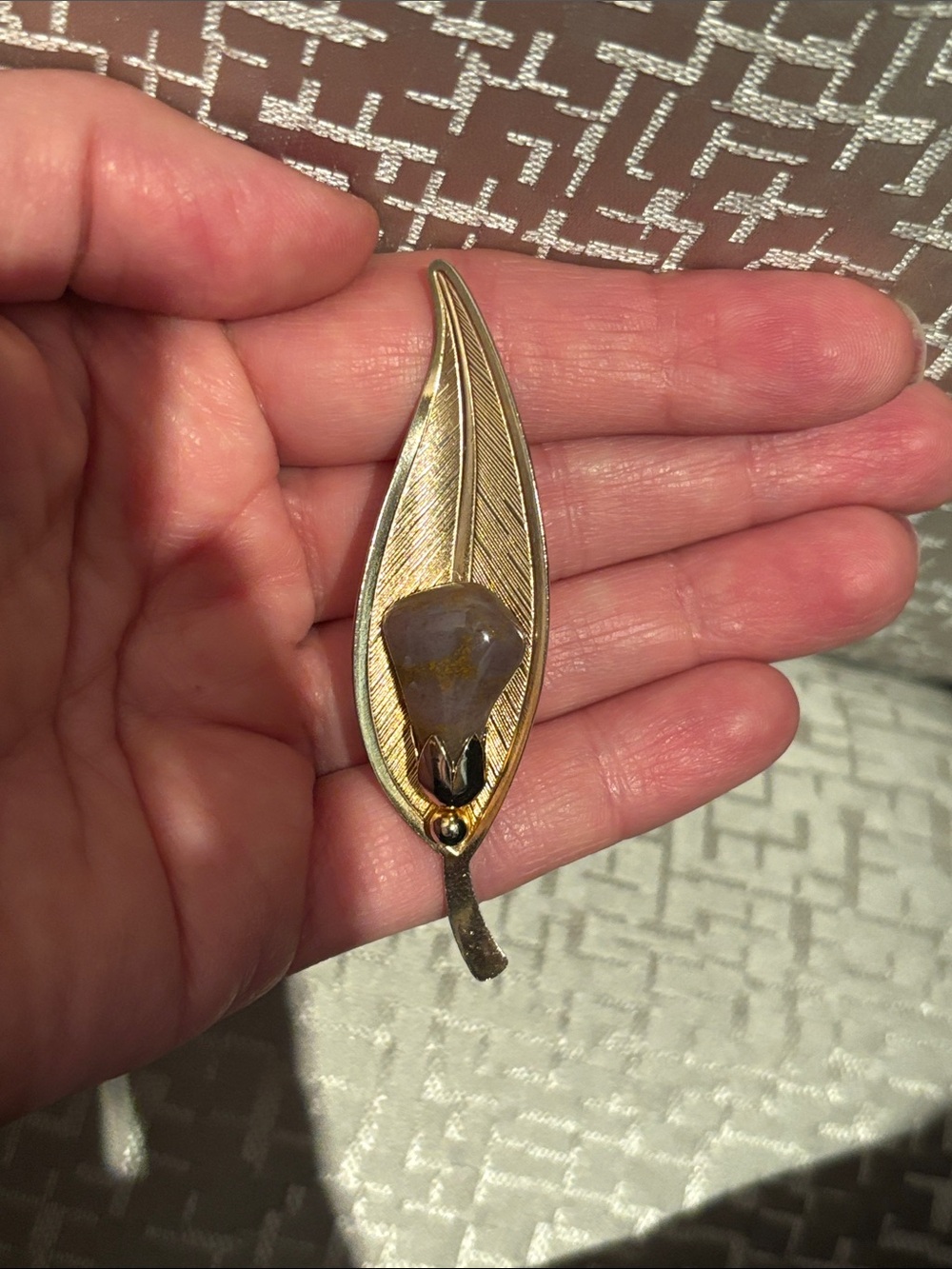 Gold Leaf Pin Brooch with Brown Stone Accent